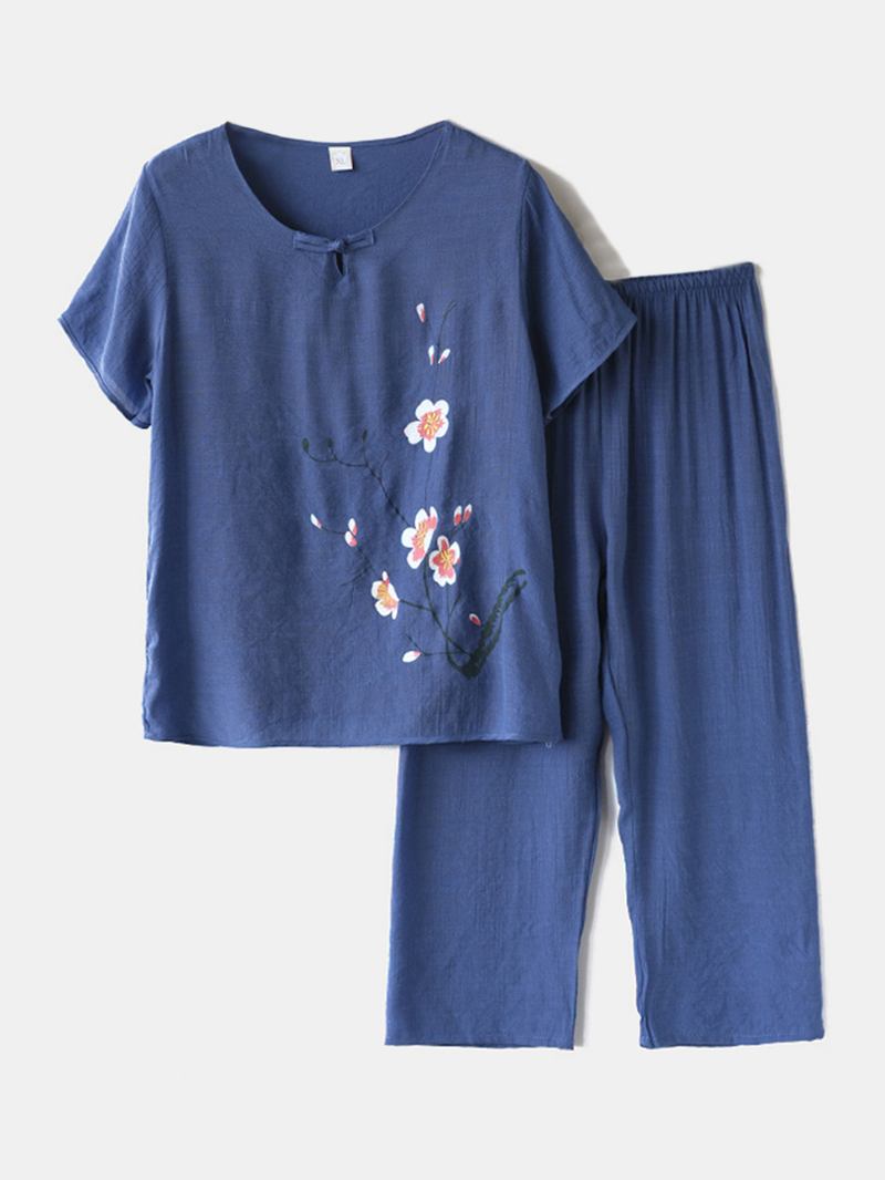 Damer Plus Storlek Blommor Med Tryck Loungewear Set Andas Mandarin Button Lös Pyjamas