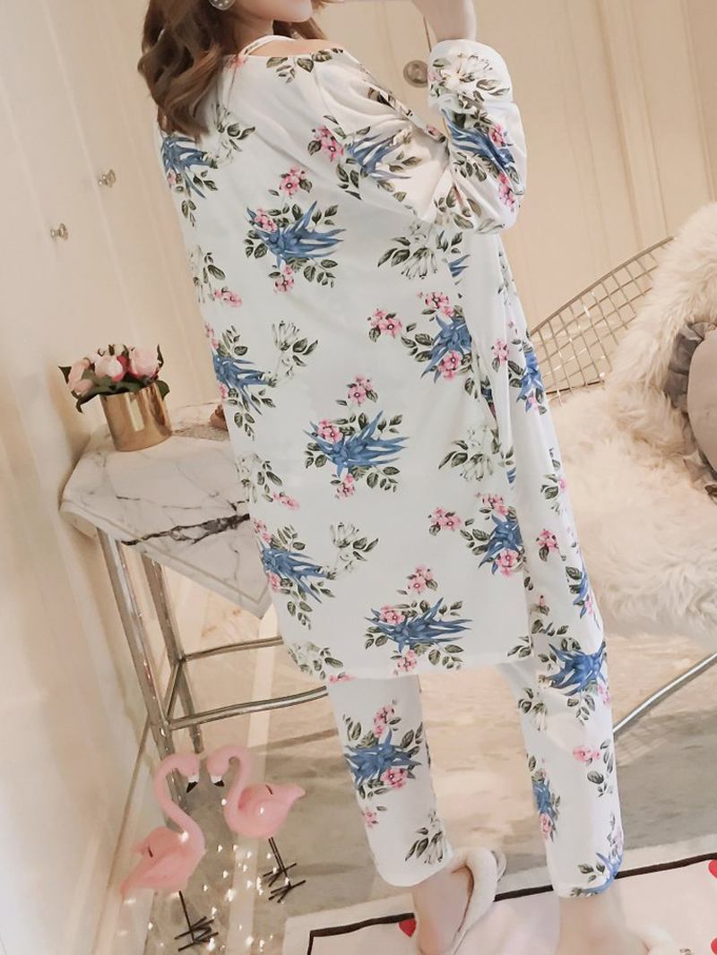 Damtröja Med Blommigt Tryck Med Mantel Tredelad Hemlös Pyjamasset