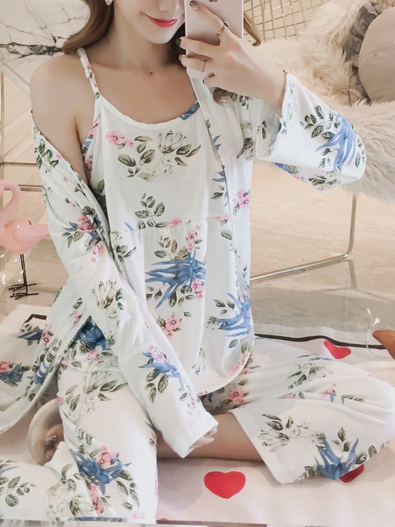Damtröja Med Blommigt Tryck Med Mantel Tredelad Hemlös Pyjamasset