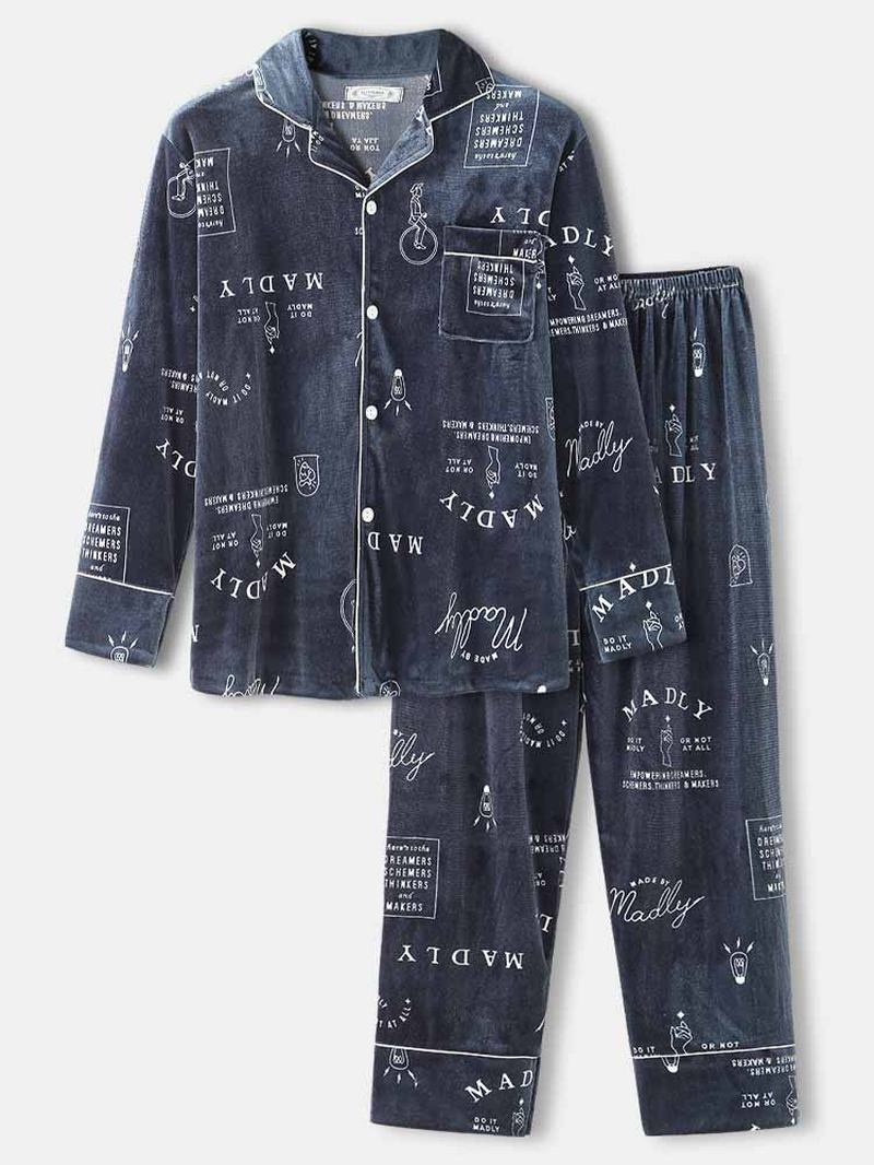 Enkel Graffiti Letter Med Tryck Skjorta Elastisk Midja Byxor Velvet Varm Hem Pyjamas Set