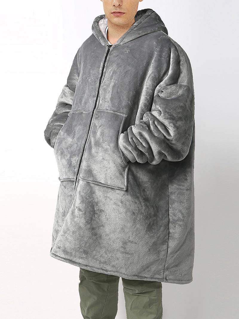 Flanell För Herr Varm Mjuk Enfärgad Dragkedja Känguruficka Filt Luvtröja Oversized Hemrockar
