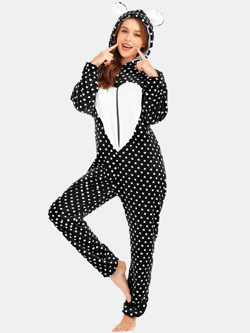 Flanell Front Zip Polka Dot Onesie Långärmad Animals Pyjamas Set