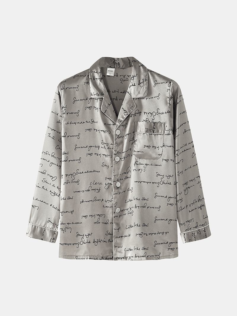 Herr Allover Slogan Med Tryck Flap Pocket Faux Silk Home Long Sleeve Lounge Pyjamas