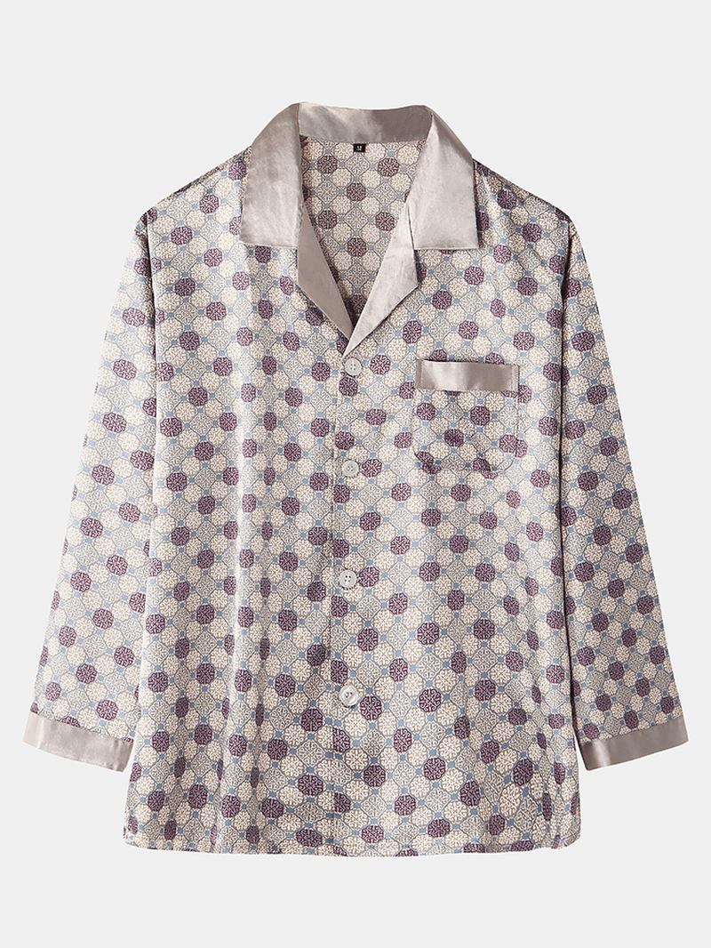Herr Allover Utskrift Ice Silk Casual Lös Långärmad Home Lounge Pyjamas Set Med Ficka