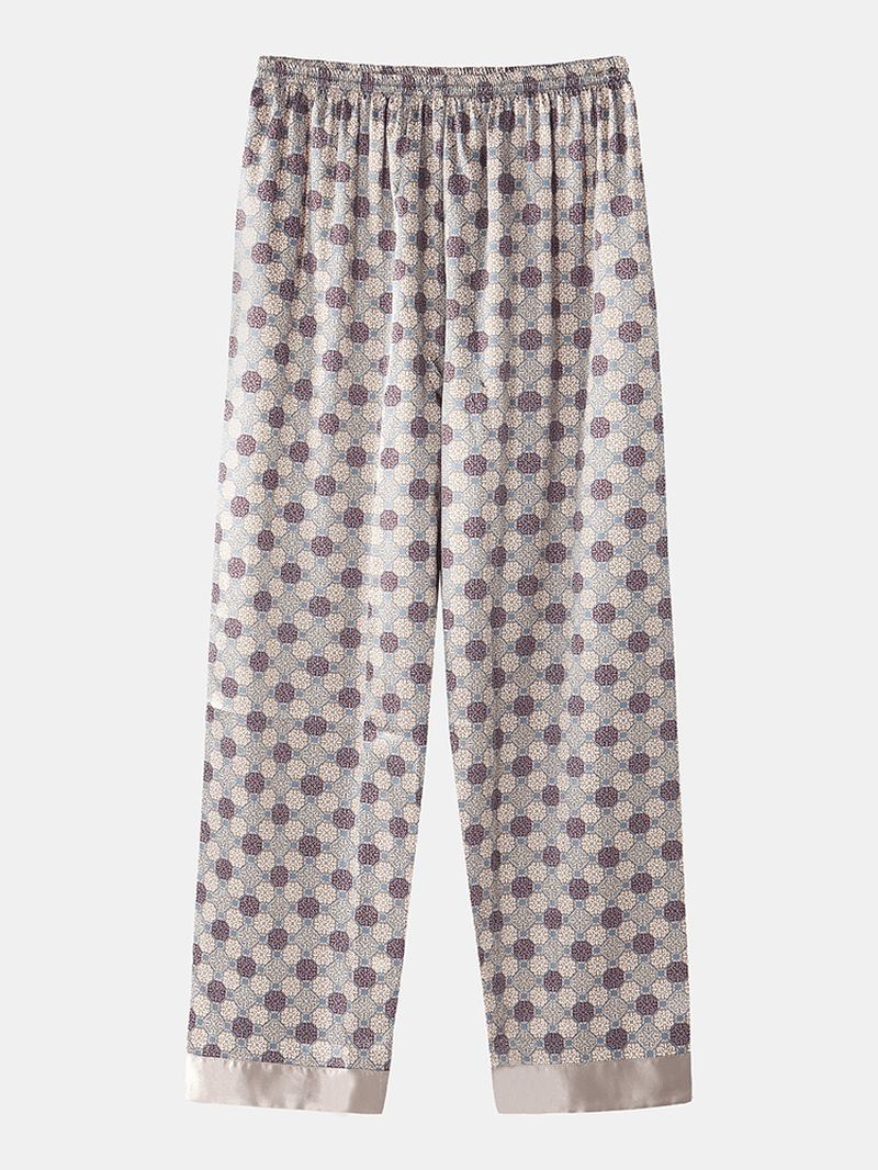 Herr Allover Utskrift Ice Silk Casual Lös Långärmad Home Lounge Pyjamas Set Med Ficka