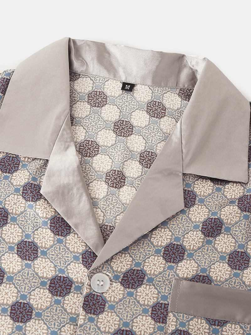 Herr Allover Utskrift Ice Silk Casual Lös Långärmad Home Lounge Pyjamas Set Med Ficka