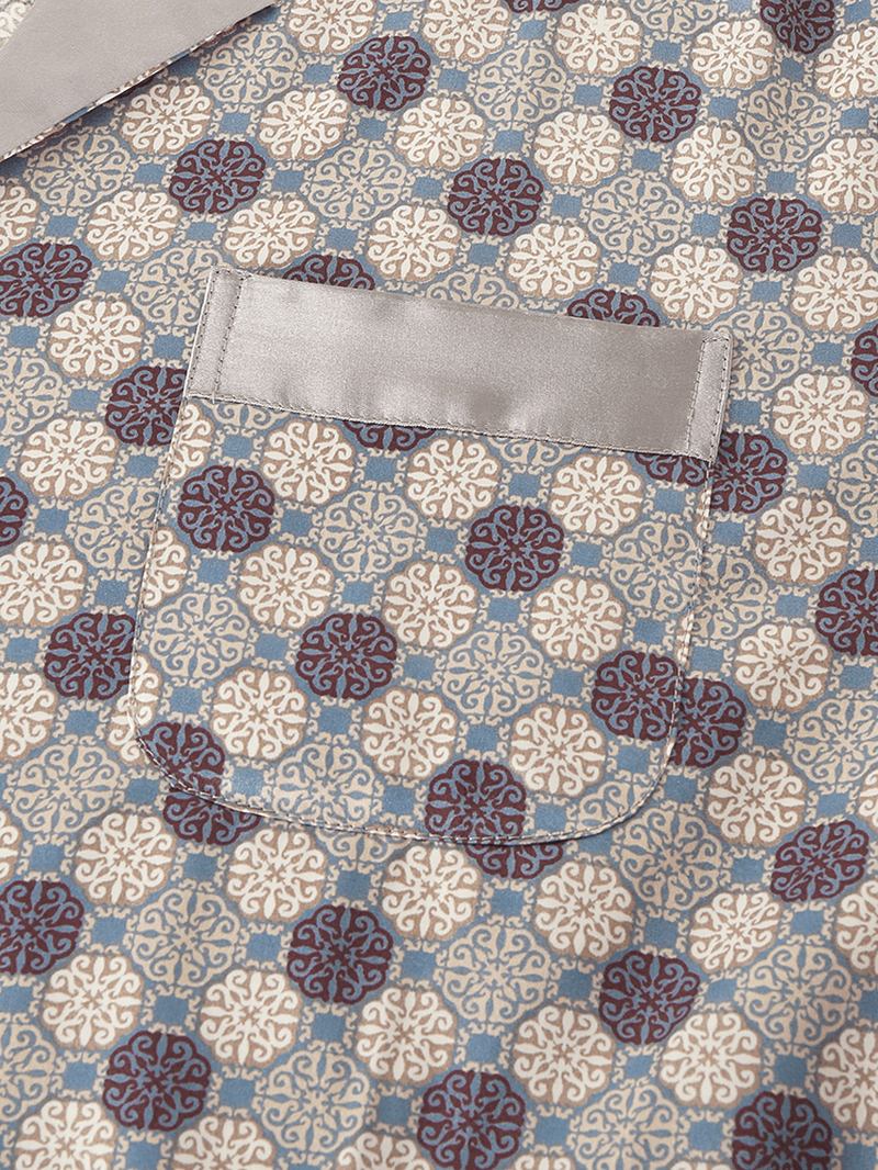 Herr Allover Utskrift Ice Silk Casual Lös Långärmad Home Lounge Pyjamas Set Med Ficka