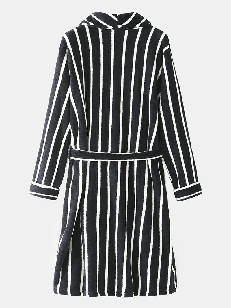 Herr Basic Randigt Tryck Flanell Vinter Tjocka Medellånga Home Lounge Robes