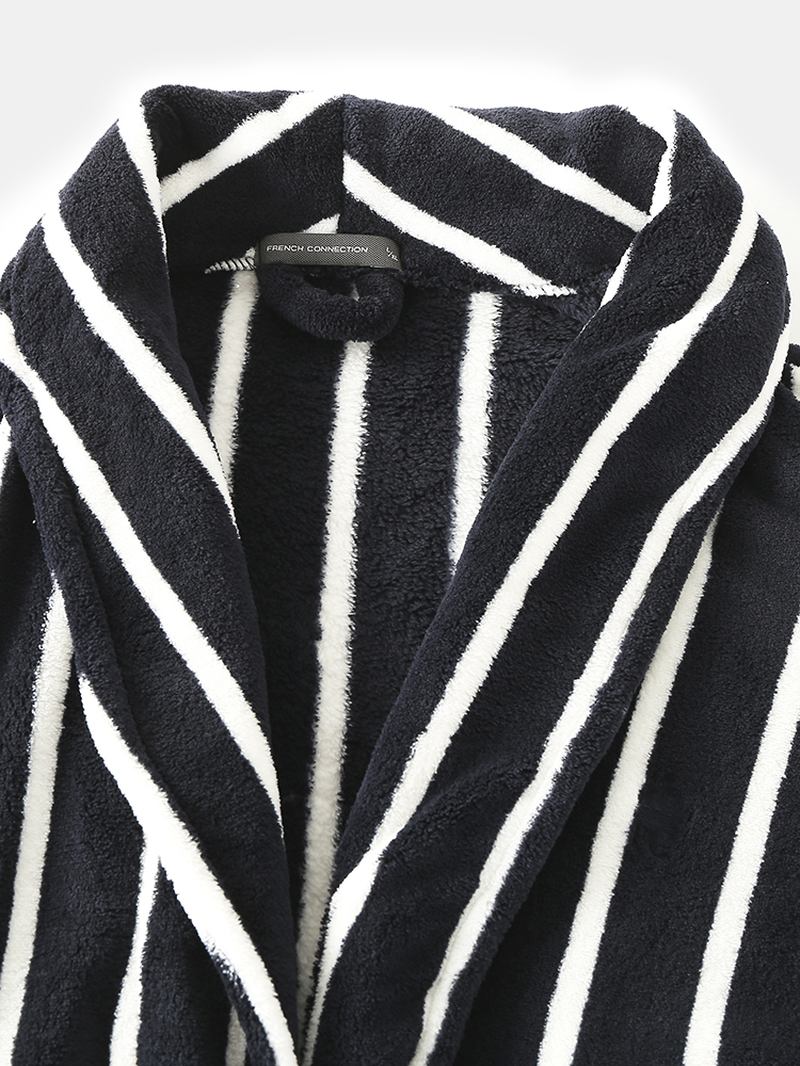 Herr Basic Randigt Tryck Flanell Vinter Tjocka Medellånga Home Lounge Robes