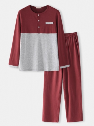 Herr Bomull Colorblock Halv Knapp Lös Hem Casual Varm Långärmad Pyjamasset