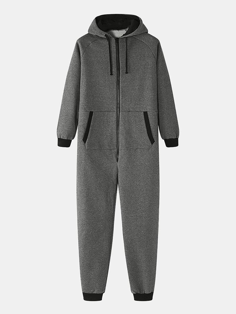 Herr Bomull Solid Hooded Pocket Långärmad Hem Jumpsuit Dragkedja Sleepwear