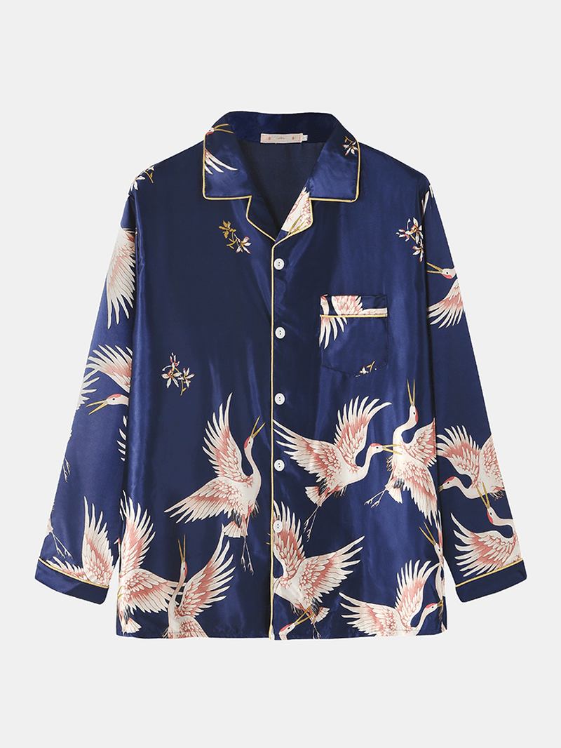 Herr Crane Med Tryck Faux Silk Home Revere Collar Långärmad Lös Lounge Pyjamas Set