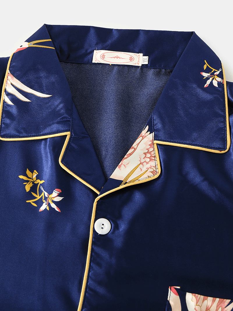 Herr Crane Med Tryck Faux Silk Home Revere Collar Långärmad Lös Lounge Pyjamas Set