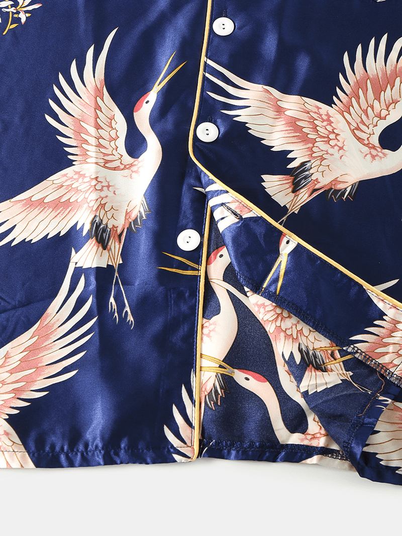 Herr Crane Med Tryck Faux Silk Home Revere Collar Långärmad Lös Lounge Pyjamas Set