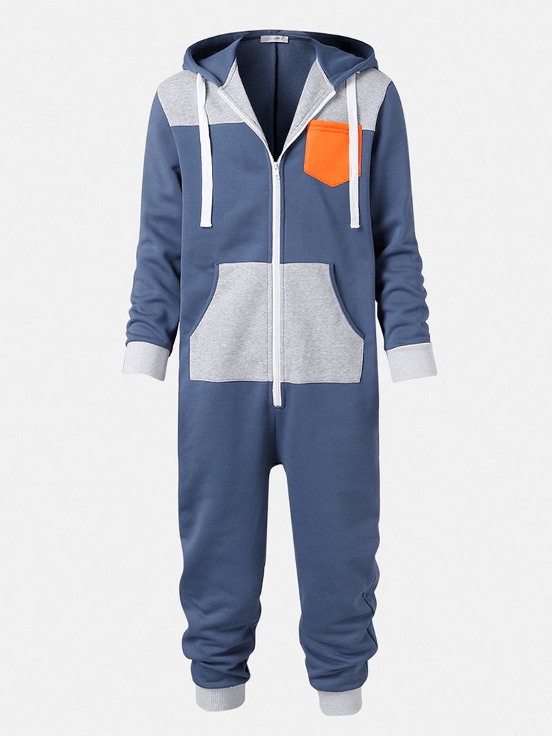 Herr Färg Block Patchwork Dragkedja Hooded Jumpsuit Hem Casual Sleepwear Onesies