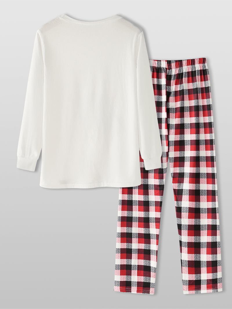 Herr Jul Tecknad Älg Tryck Rund Hals Top Pläda Byxor Hem Lösa Pyjamas Set