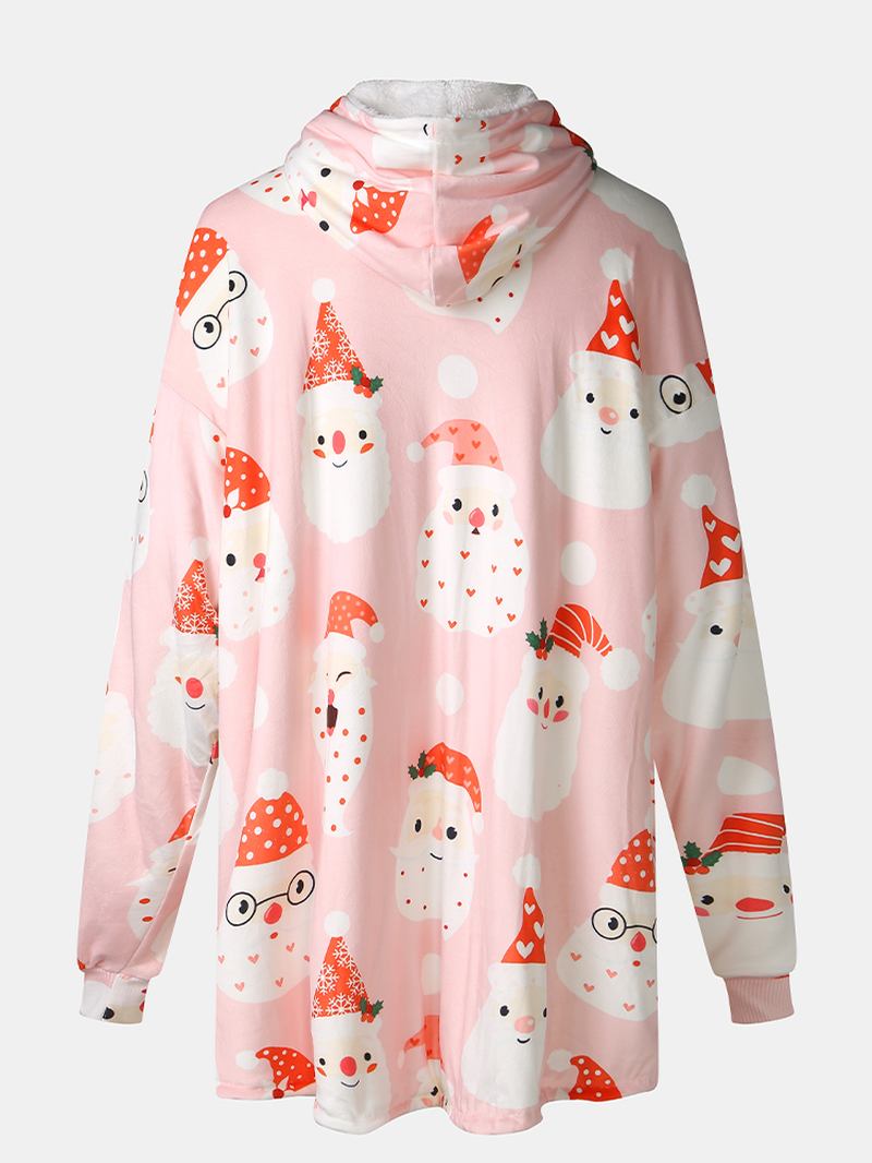 Herr Jul Tecknad Jultomte Tryck Tjock Fleece Fodrad Vändbar Hem Filt Hoodie