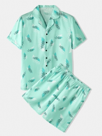 Herr Leaves Med Tryck Sleepwear Revere Collar Short Sleeve Home Pyjamas Set