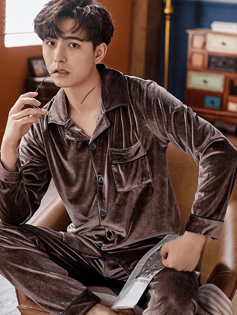 Herr Mjuk Revere Krage Button Up Skjorta Elastisk Midja Lösa Byxor Hem Pyjamas Set