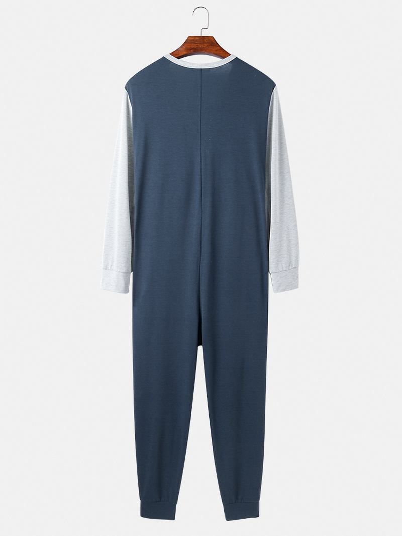 Herr Patchwork Colorblock Rund Hals Knapp Upp Långärmad Home Jumpsuit Pyjamas