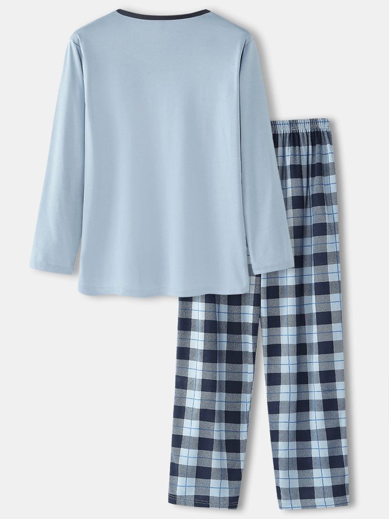 Herr Rundhalsad Långärmad Tröja Palid Elastisk Midja Ficka Byxor Hem Pyjamas Set