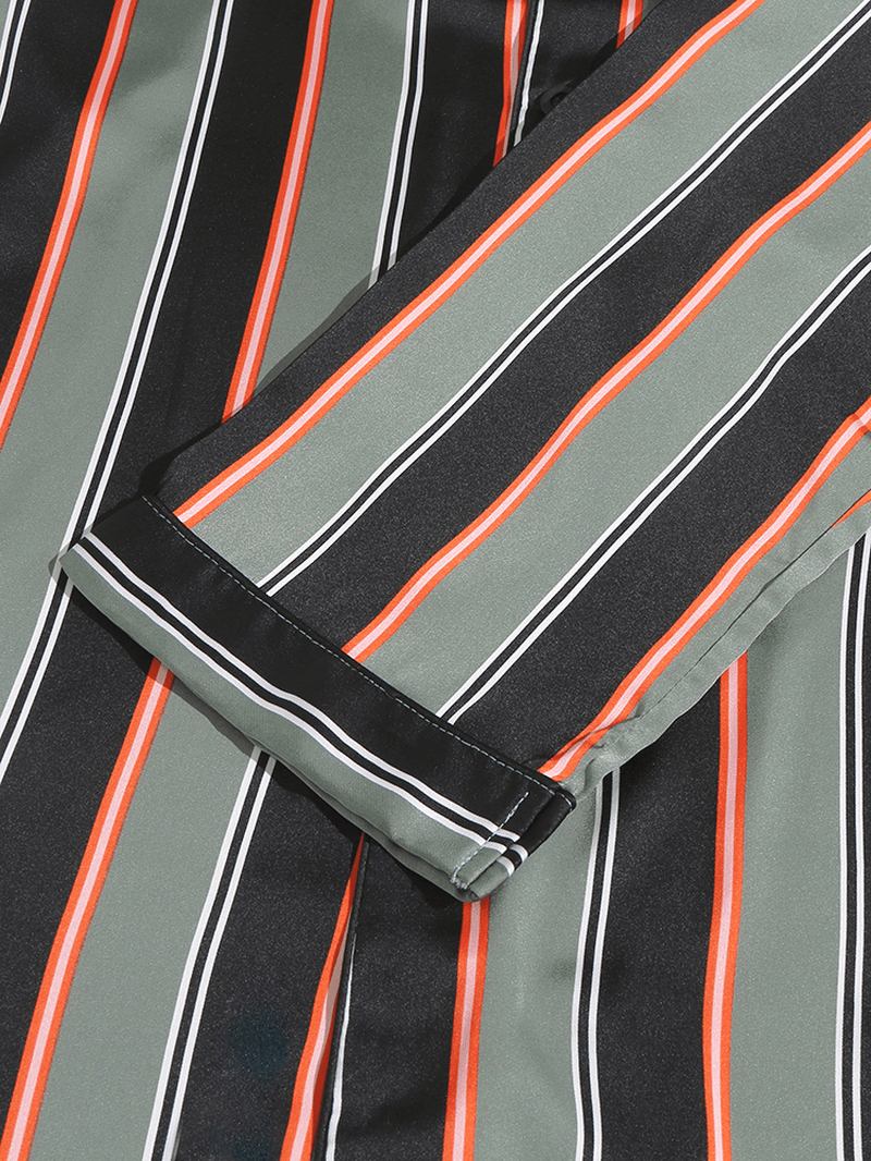 Herr Stripe Med Tryck Lapel Långärmad Skjorta Elastiska Midja Byxor Hem Pyjamas Set