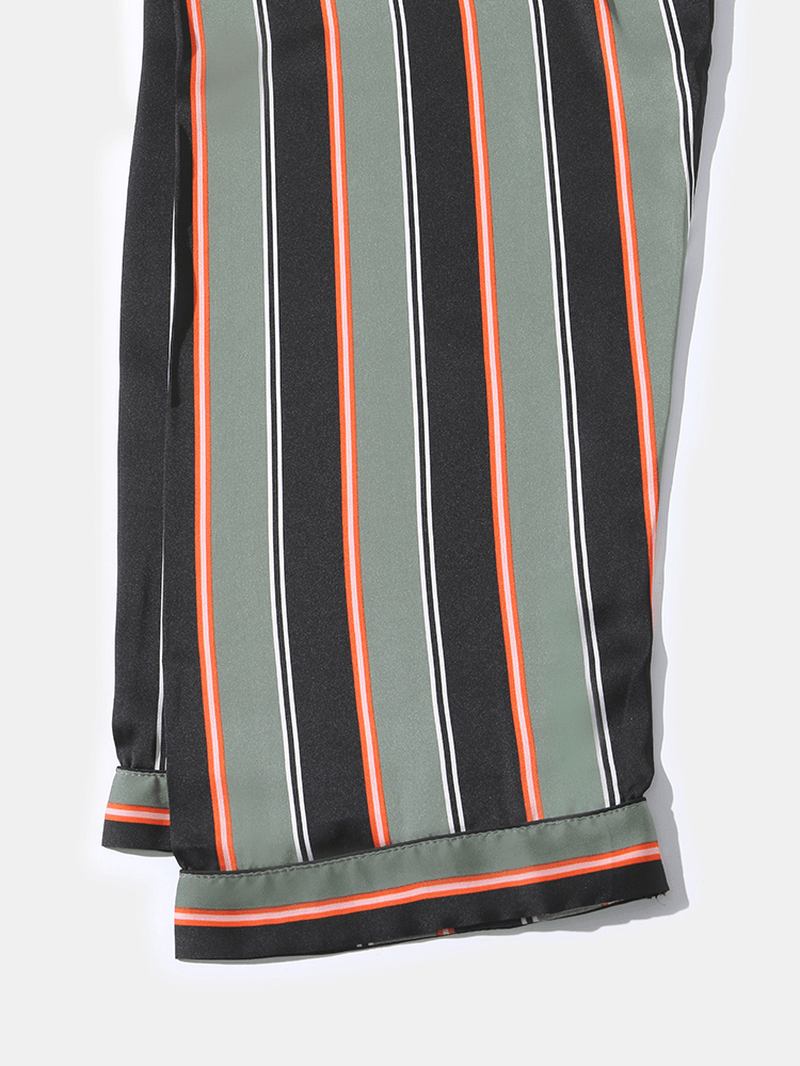 Herr Stripe Med Tryck Lapel Långärmad Skjorta Elastiska Midja Byxor Hem Pyjamas Set