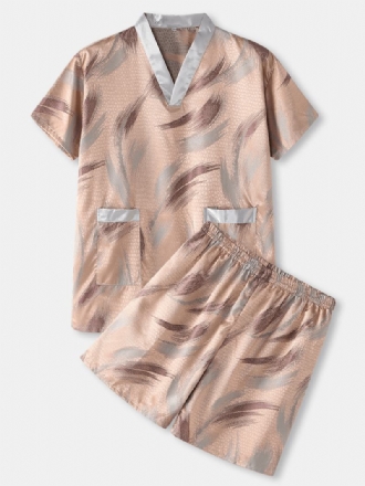Herr Utskrift V-hals Tunn Kortärmad Lös Casual Massage Pyjamas Set