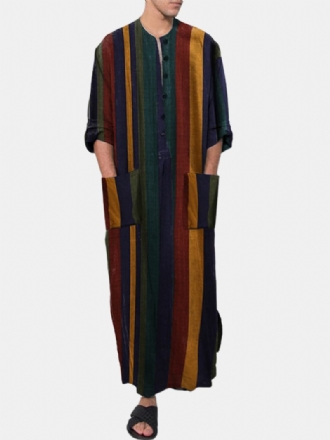 Herr Vintage Multi-color Randigt Tryck Button Up Home Casual Långärmade Dräkter Med Fickor