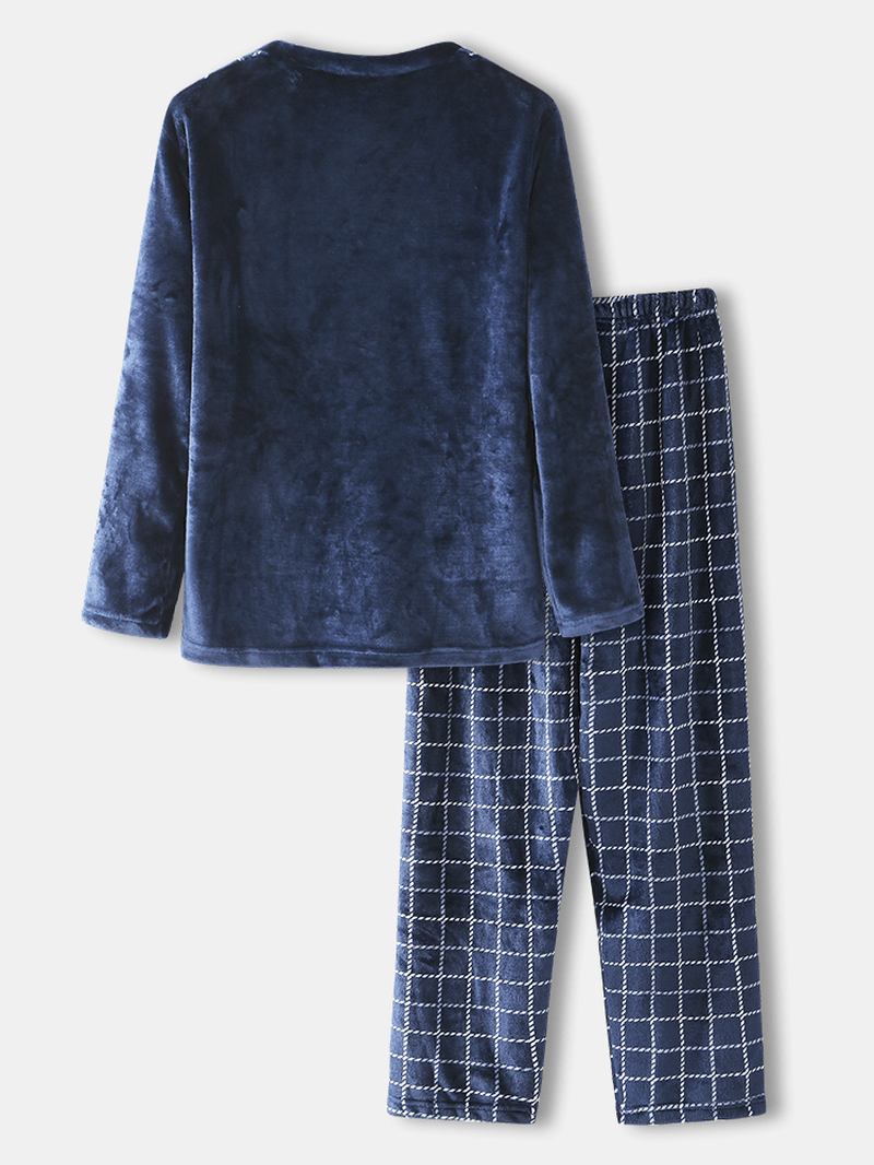 Herr Vinter Flanell Pläd Rund Hals Toppar Lösa Byxor Tjock Hem Lounge Pyjamas Set