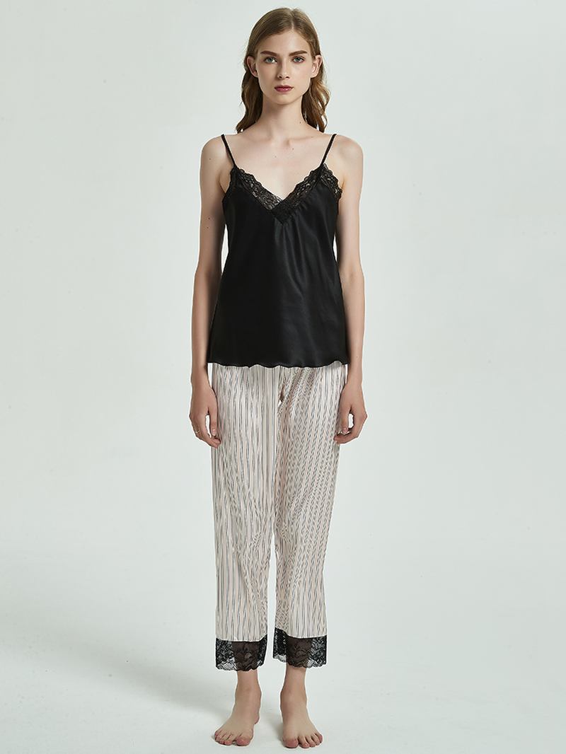 Kostym Med Spetskant Spaghettiband Randiga Casual Loungewear