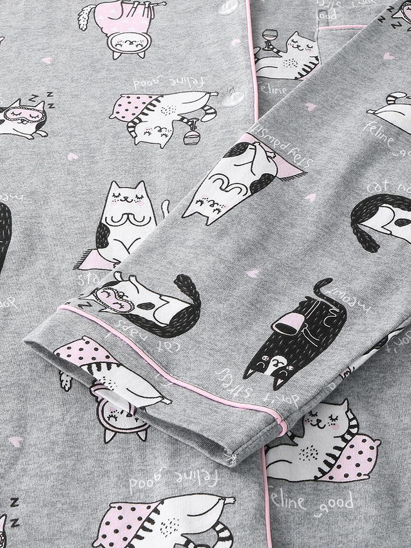 Kvinnor Allover Cartoon Katt Med Tryck Lapel Long Sleeve Cotton Loungewear Hem Pyjamasset