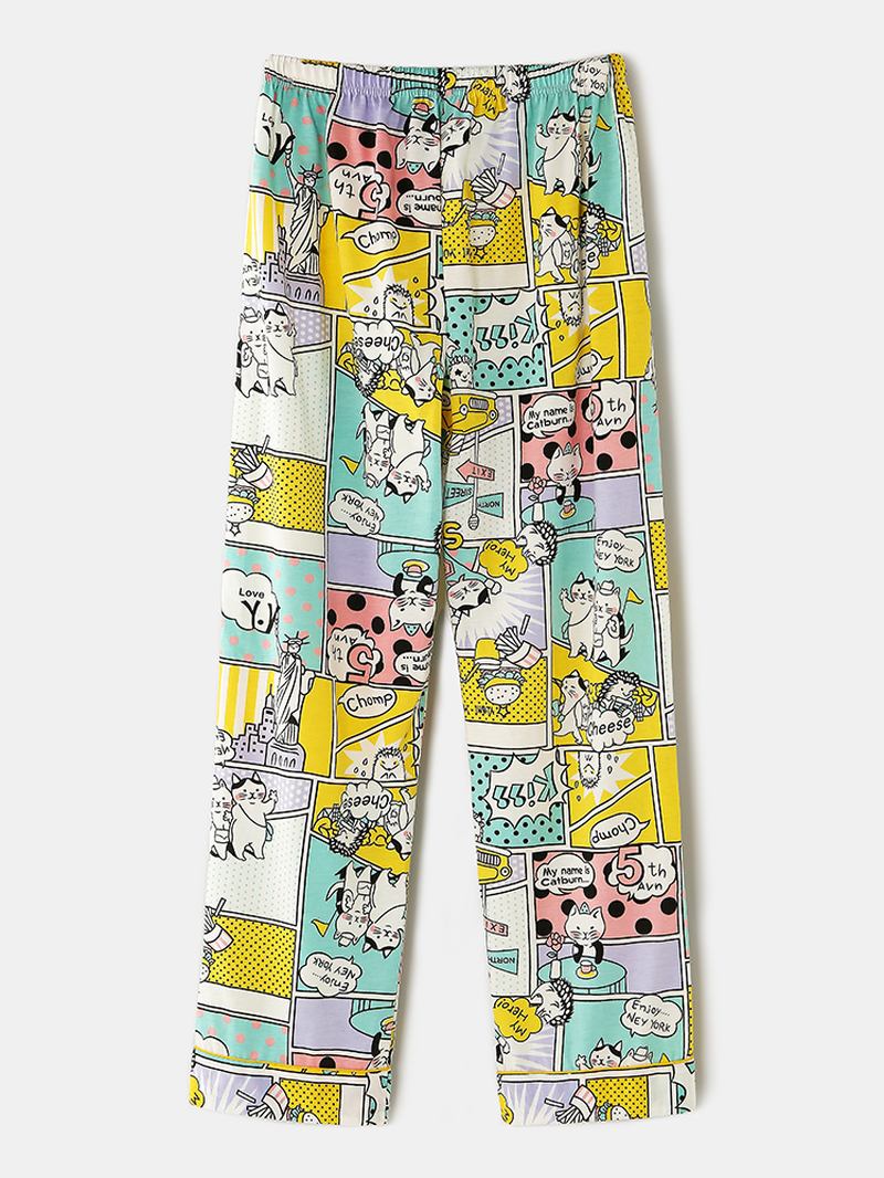 Kvinnor Bomull Comics Med Tryck Camp Krage Långärmad Elastisk Midja Hem Casual Pyjamas Set