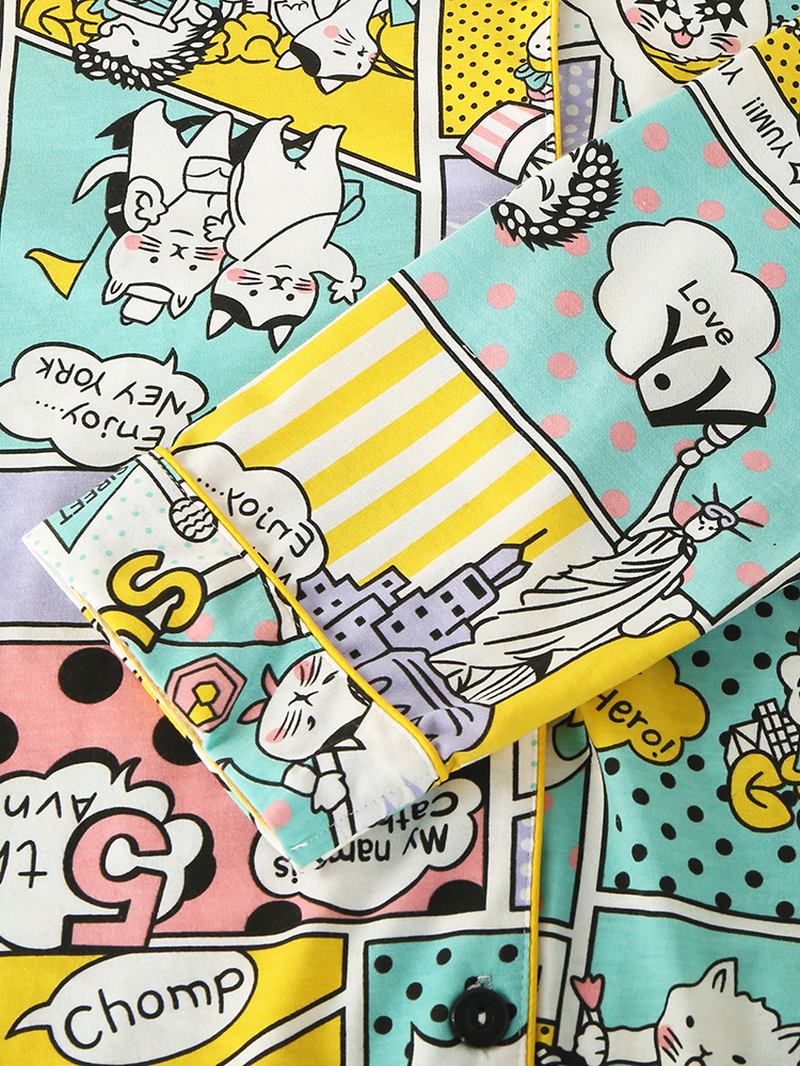 Kvinnor Bomull Comics Med Tryck Camp Krage Långärmad Elastisk Midja Hem Casual Pyjamas Set