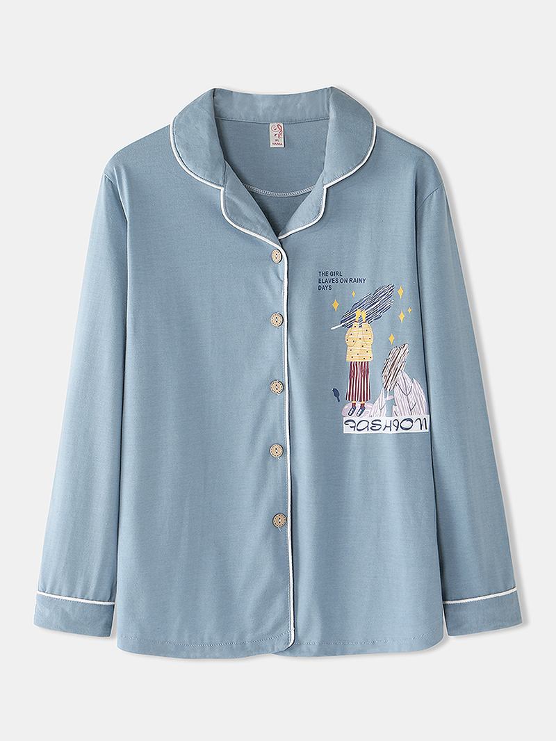 Kvinnor Bomull Plus Storlek Randiga Byxor Knapp Långärmad Casual Home Pyjamas Set