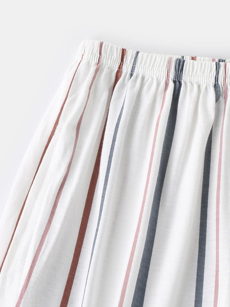 Kvinnor Bomull Plus Storlek Randiga Byxor Knapp Långärmad Casual Home Pyjamas Set
