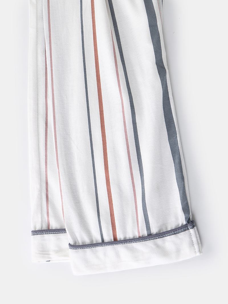 Kvinnor Bomull Plus Storlek Randiga Byxor Knapp Långärmad Casual Home Pyjamas Set