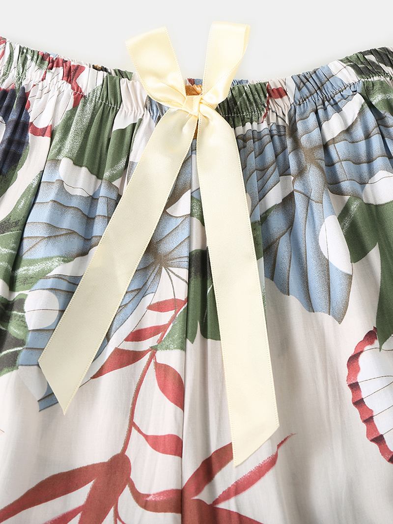 Kvinnor Butterfly & Floral Med Tryck V-neck Bow Long Pyjamas Sets Loungewear
