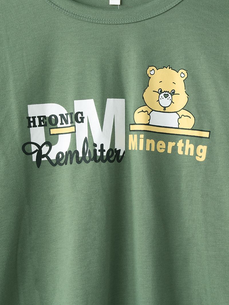 Kvinnor Cartoon Bear Letter Med Tryck O-hals Pläd Byxor Elastisk Midja Hem Pyjamas Set