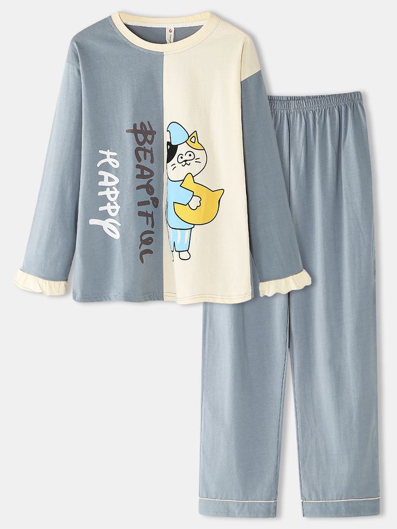 Kvinnor Cartoon Katt Med Tryck Two Tone Patchwork Elastisk Midja Pocket Byxor Hem Pyjamas Set