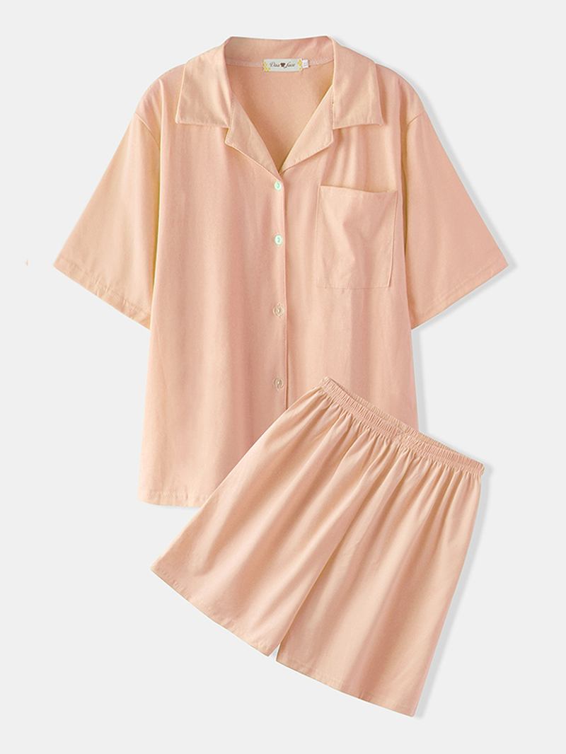 Kvinnor Enfärgad Kortärmad Revere-krage Casual Tvådelad Pyjamasset