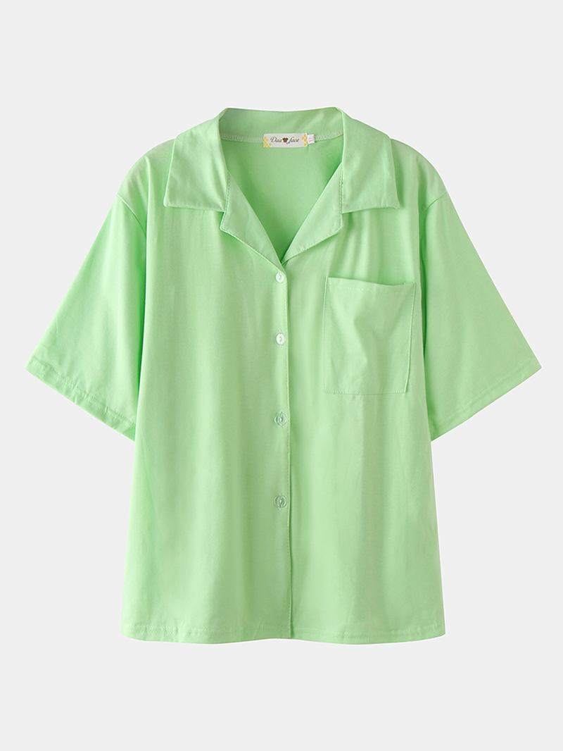 Kvinnor Enfärgad Kortärmad Revere-krage Casual Tvådelad Pyjamasset