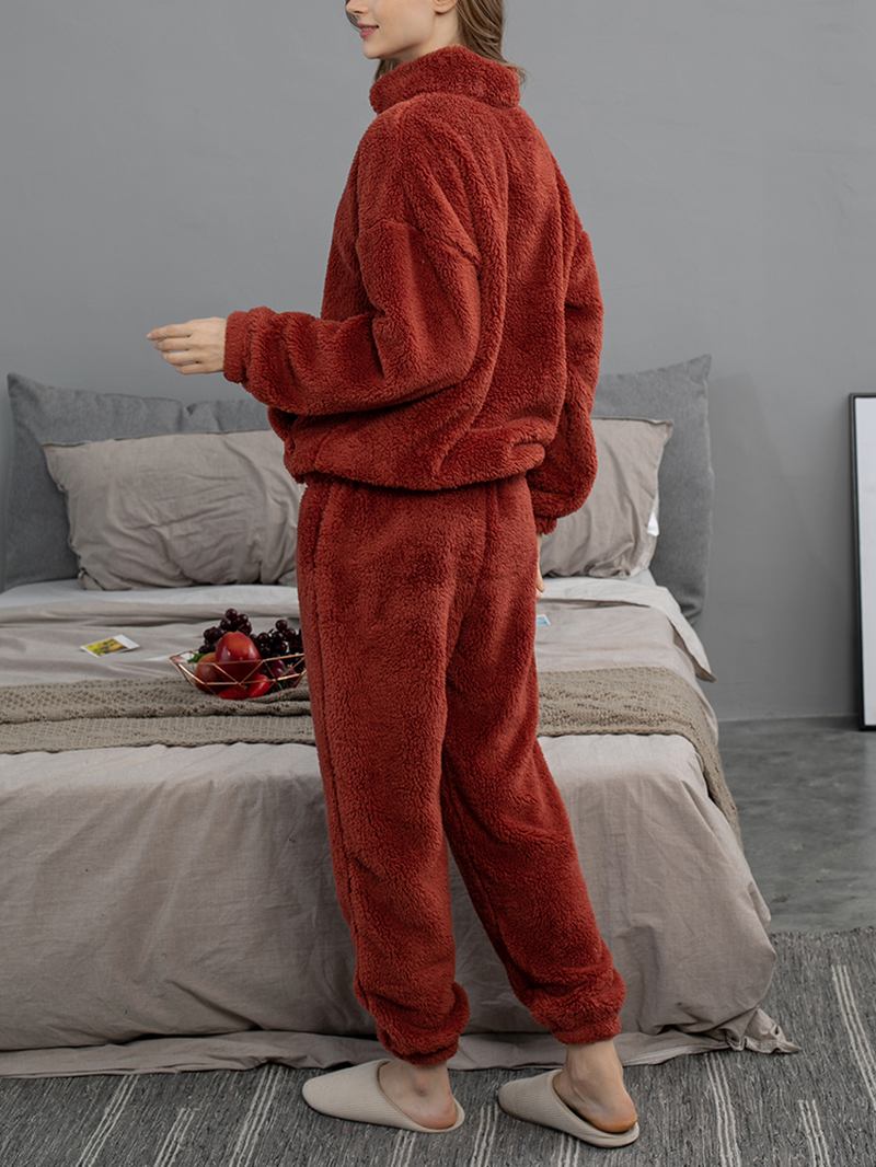 Kvinnor Enfärgad Plysch Fluffig Kangaroo Pocket Pullover Jogger Byxor Hem Pyjamas Set