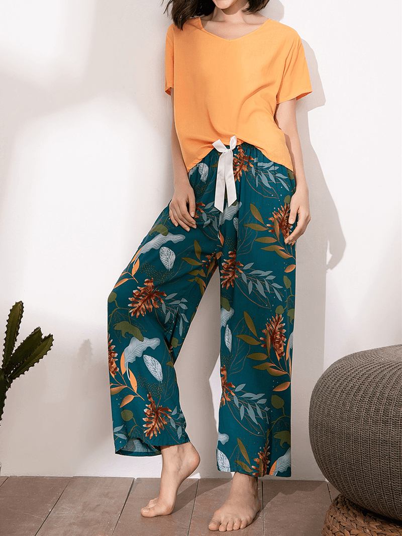 Kvinnor Etnisk Stil Crane Med Tryck V-hals Wide Leg Pyjamas Set