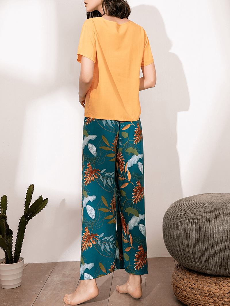 Kvinnor Etnisk Stil Crane Med Tryck V-hals Wide Leg Pyjamas Set