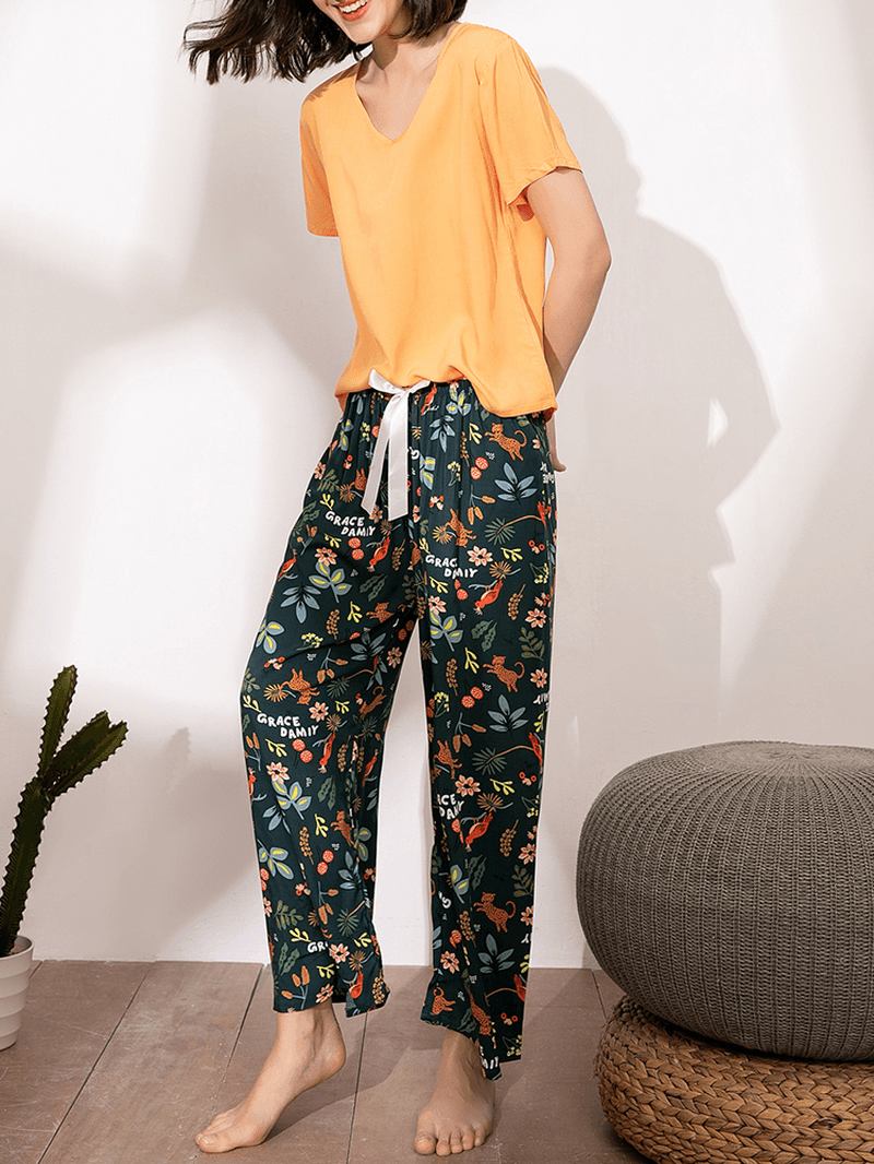 Kvinnor Etnisk Stil Crane Med Tryck V-hals Wide Leg Pyjamas Set