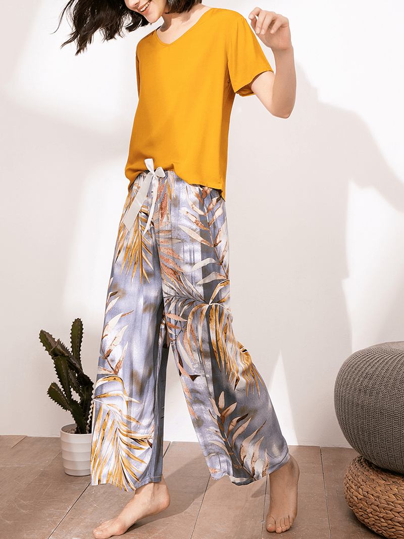 Kvinnor Etnisk Stil Crane Med Tryck V-hals Wide Leg Pyjamas Set