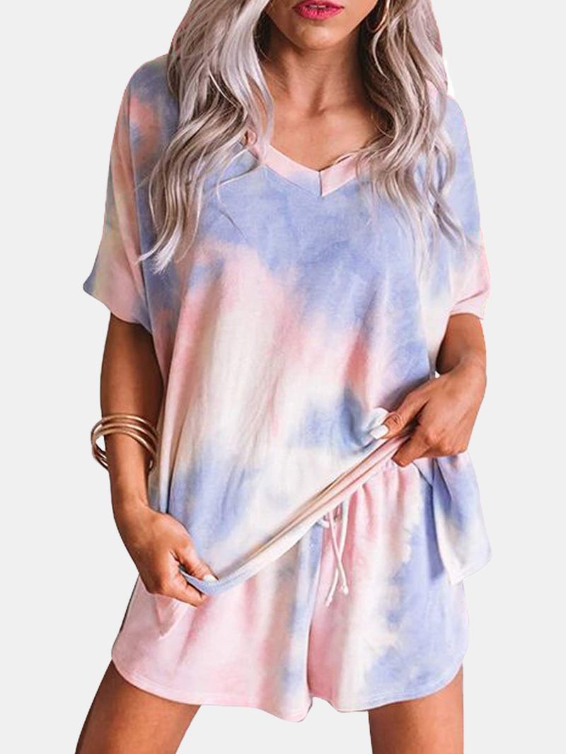 Kvinnor Färg Block Med Tryck V-ncek Kortärmad Dragsko Shorts Hem Pyjamas Set