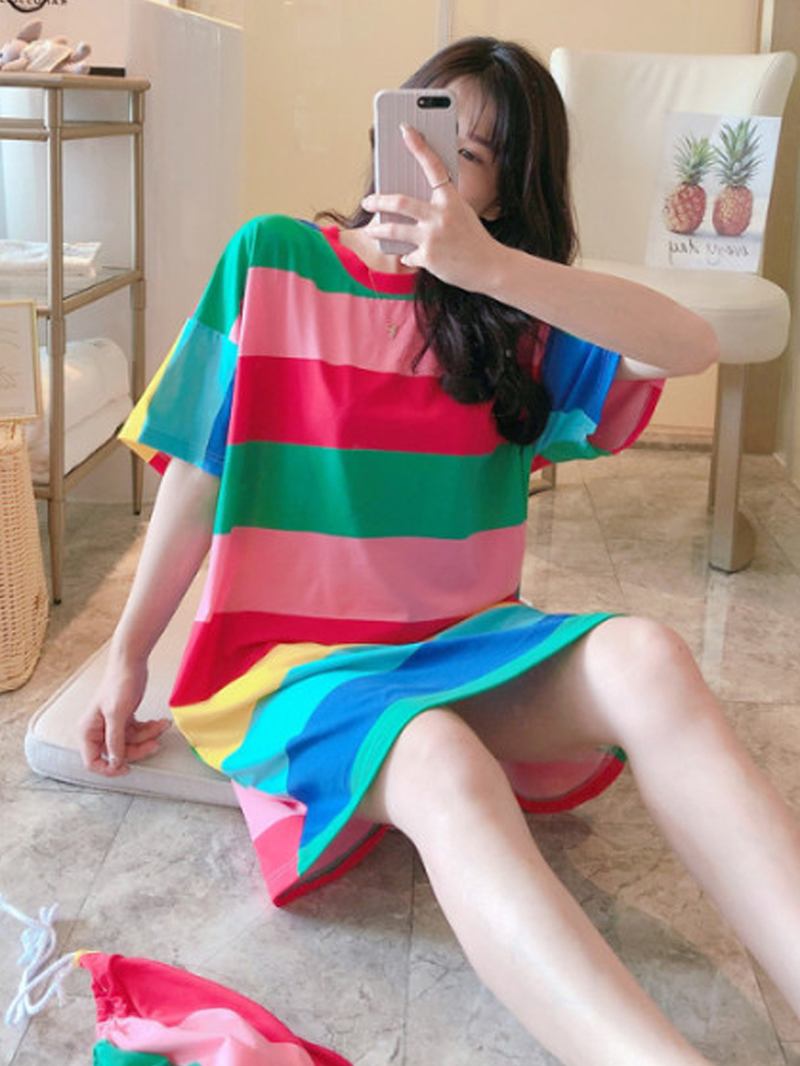 Kvinnor Färgglada Randiga Nattlinnen Oversize Kortärmad Pyjamas