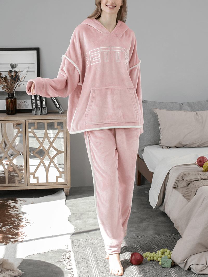 Kvinnor Flanell Brevbroderi Tjocka Luvtröja Elastisk Midja Lösa Byxor Hem Pyjamasset